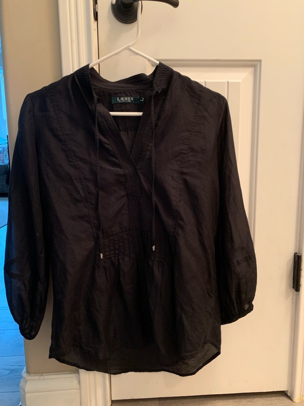 Lauren Ralph Lauren Black V-Neck Tie Peasant Top
